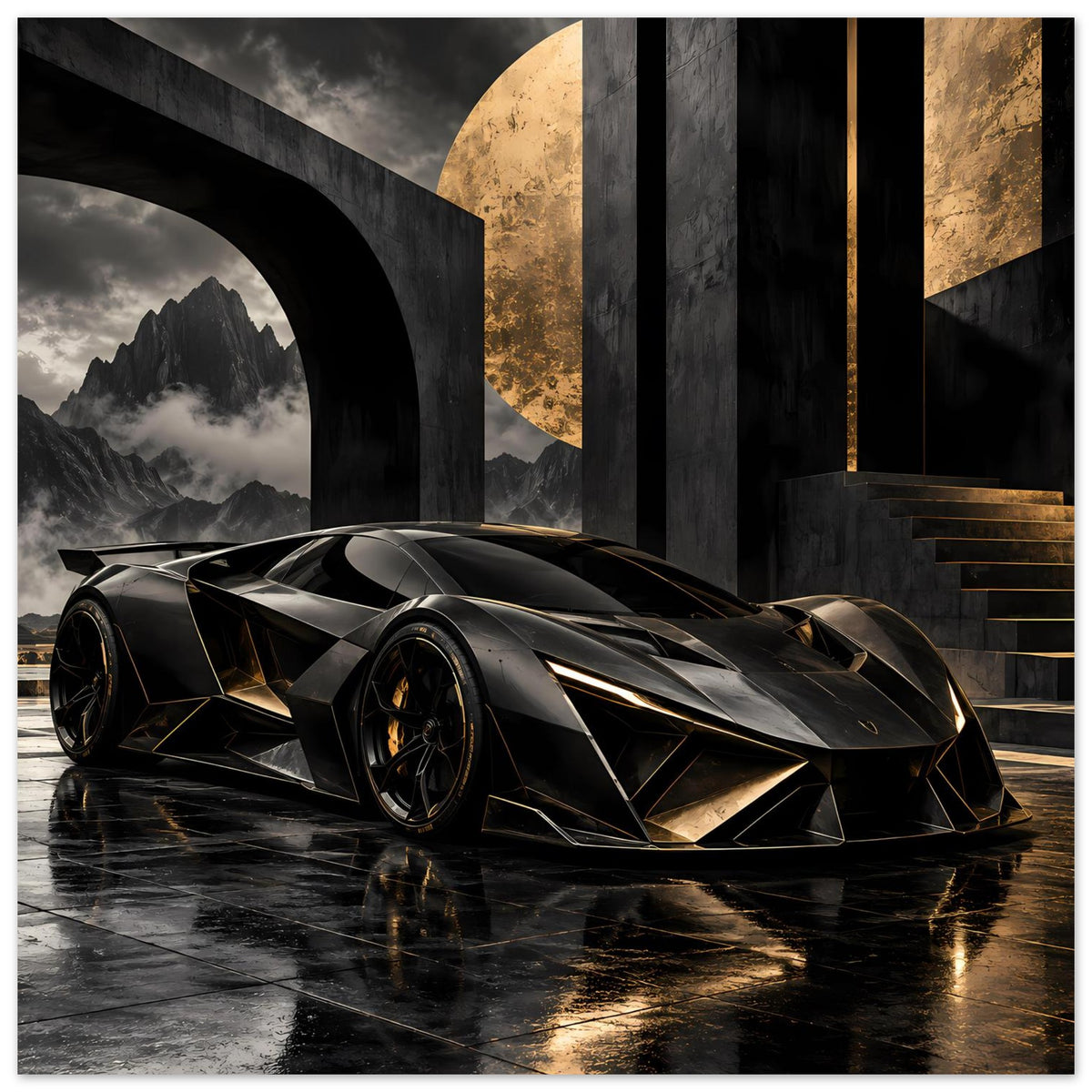 Futuristisches Supersportwagen-Poster: schwarzer Supersportwagen mit goldenen Linien, 3/4 Blick