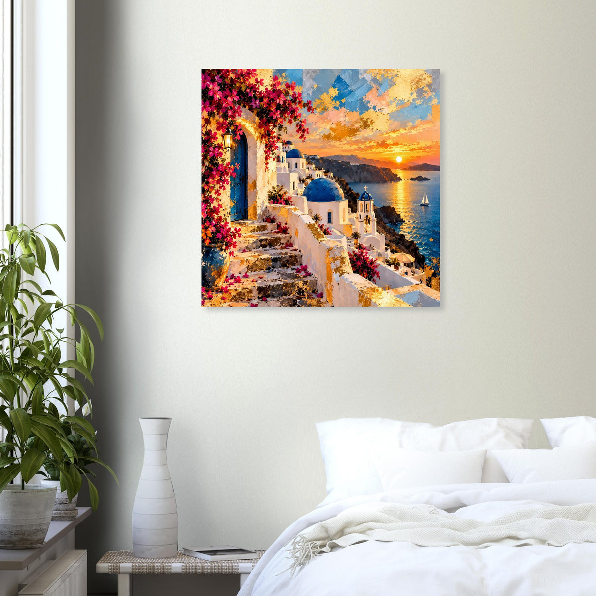 Poster Santorini: Felsenweg mit weißen Häusern, blauen Kuppeln und orangefarbener Sonne