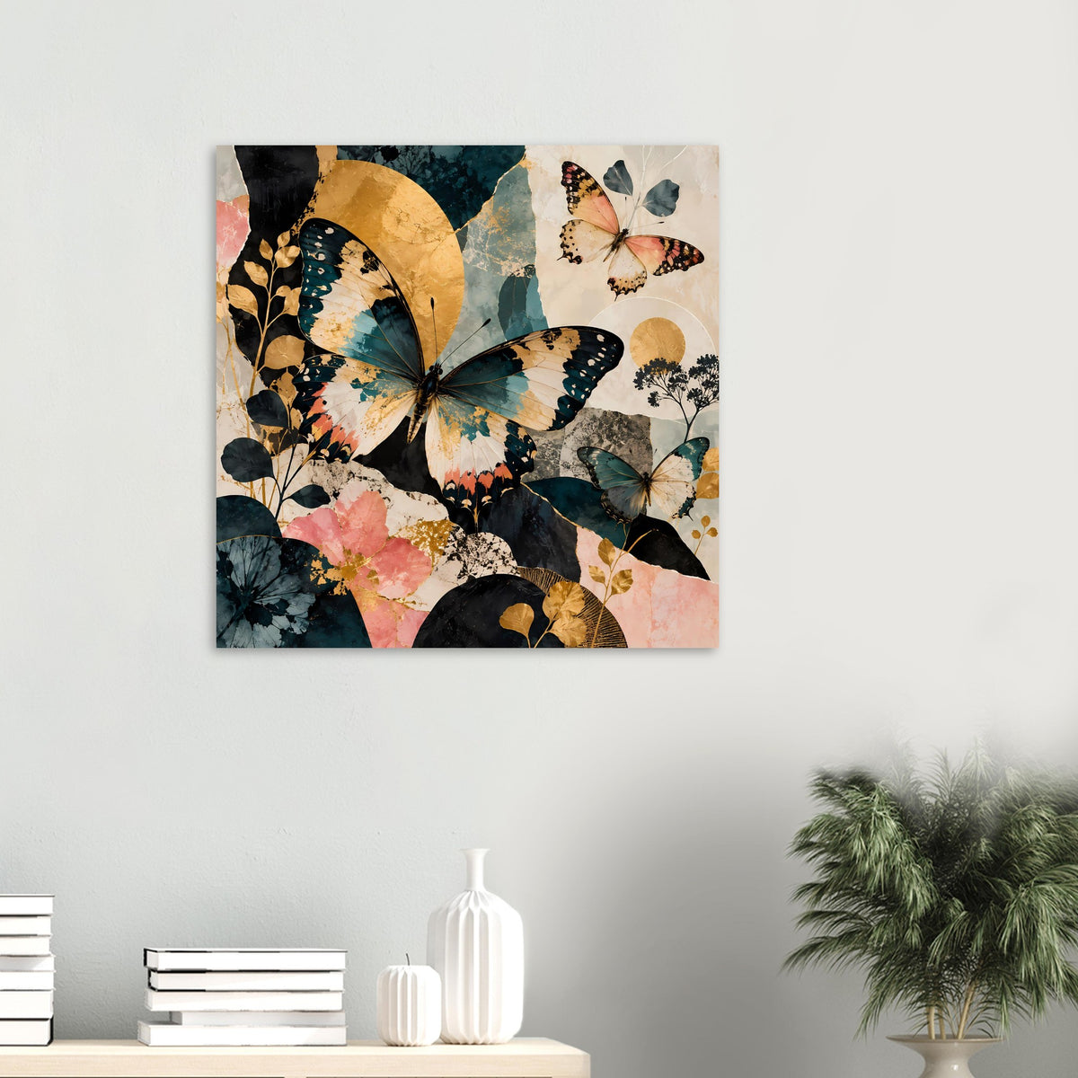 Kunstposter: Schmetterlinge in Türkis und Pfirsich mit goldenen Flächen und Blattornamenten