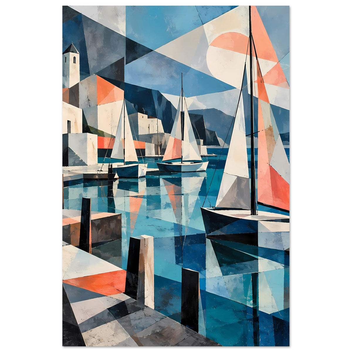 Kubistisches Hafenposter mit Segelbooten und geometrischen Wasserflächen in Blau und Koralle – Ansicht 11