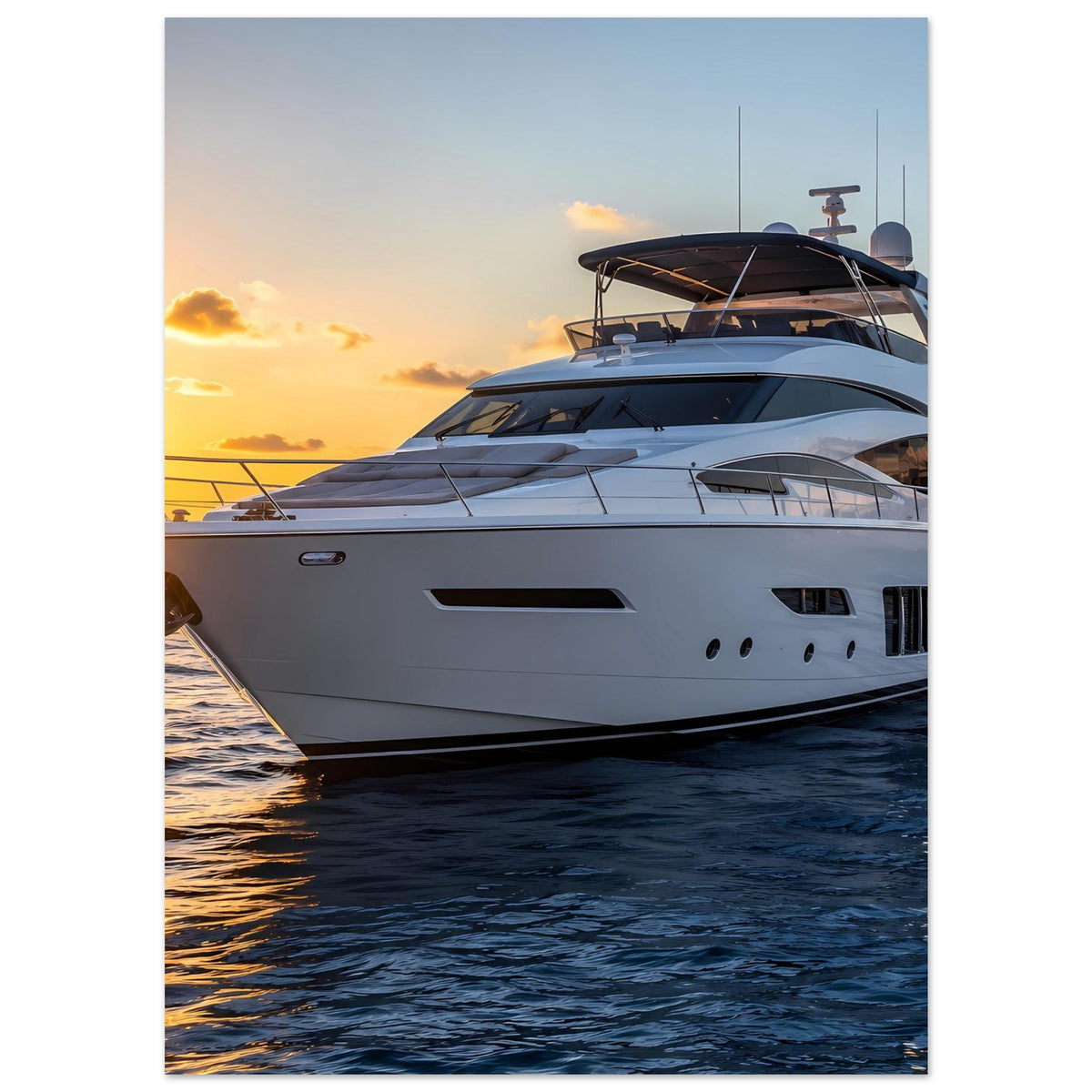 Hochformat-Poster mit weißer Yacht im Sonnenuntergang, Vorderseite und Fensterzeile
