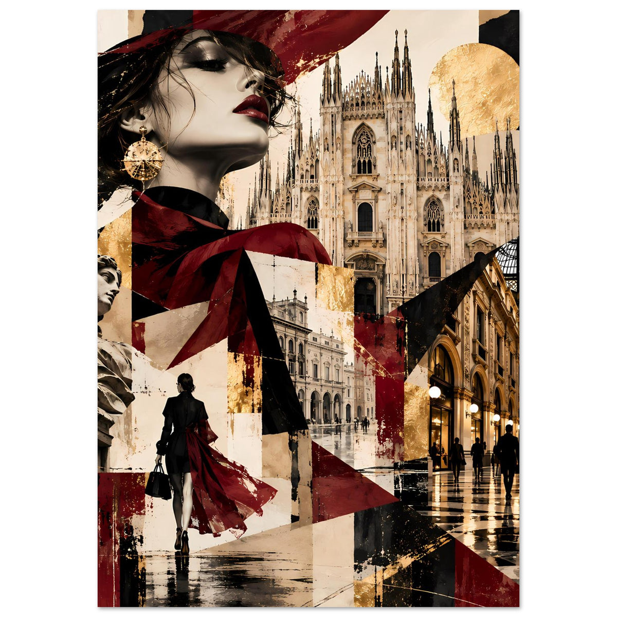 Wandposter mit Collage: Frauengesicht, Dom und Straßenlaternen, Flaggenmuster in Burgund & Gold