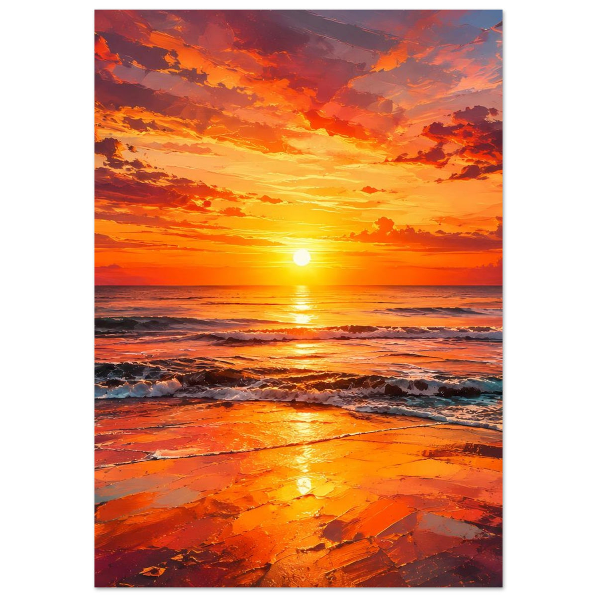 Vertikales Poster mit Sonnenuntergang am Meer: leuchtende Sonne, orangefarbener Strand, Wellen