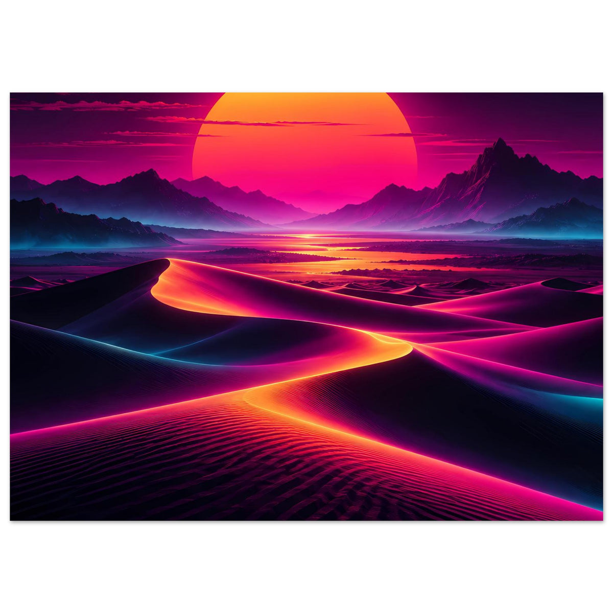 Neon-Desert-Sunset Poster im Querformat, orangefarbene Sonne über neonfarbenen Dünen