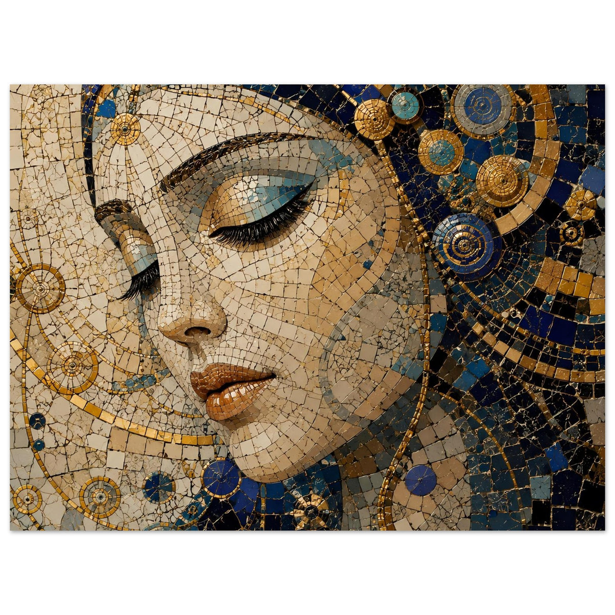 Mosaik-Porträtposter: Frauengesicht in Blau-Gold, seitlicher Blick mit Kacheltextur