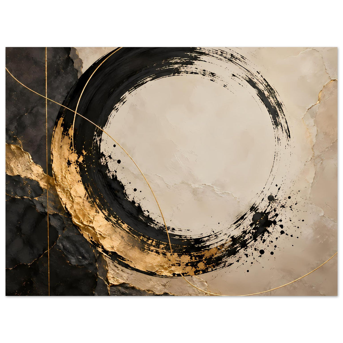 Abstraktes Kunstposter: schwarzer Pinselring mit goldenen Linien, Spritzern und Sandtönen