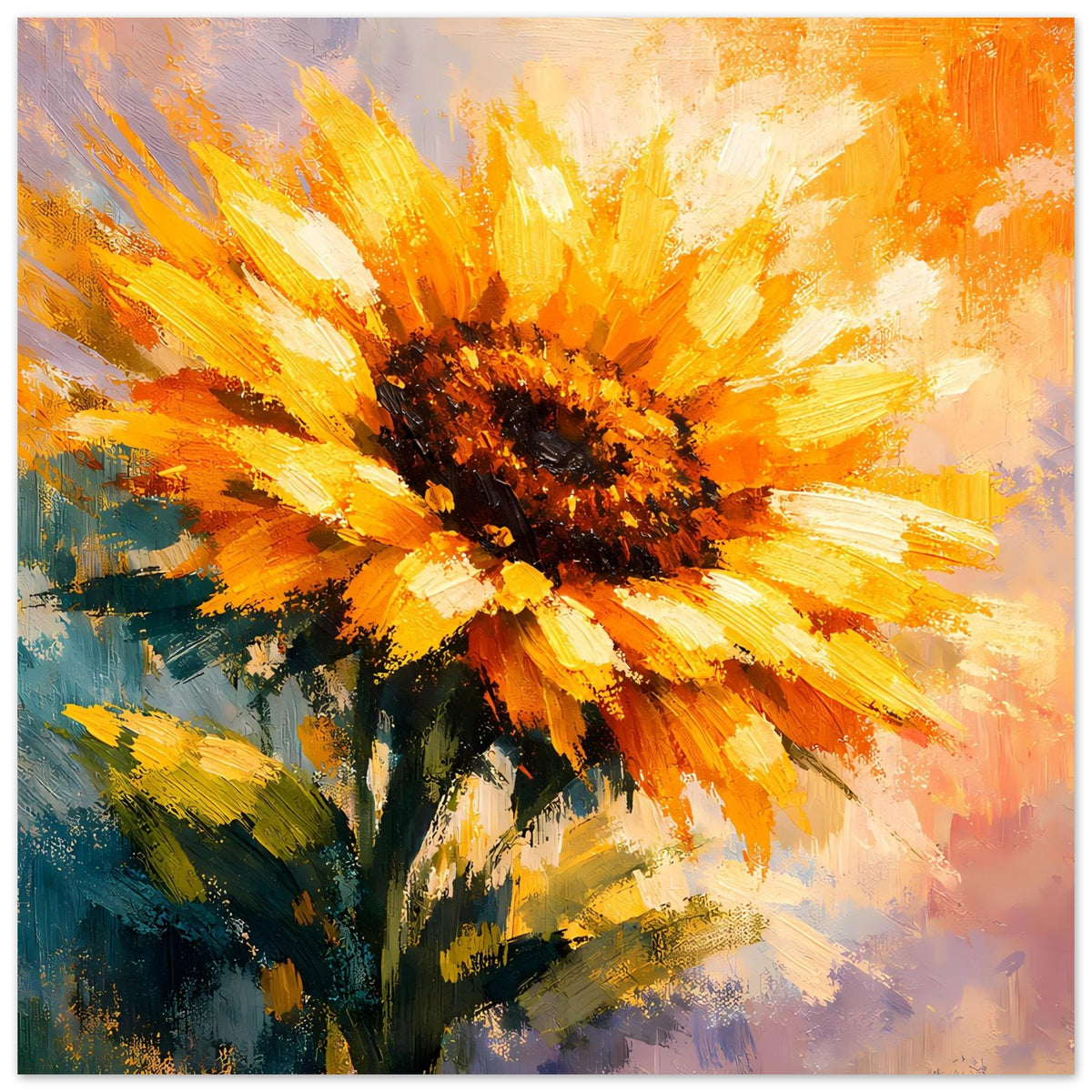 Horizontales Poster mit Sonnenblume, orange-gelbe Blütenblätter auf hellem Hintergrund