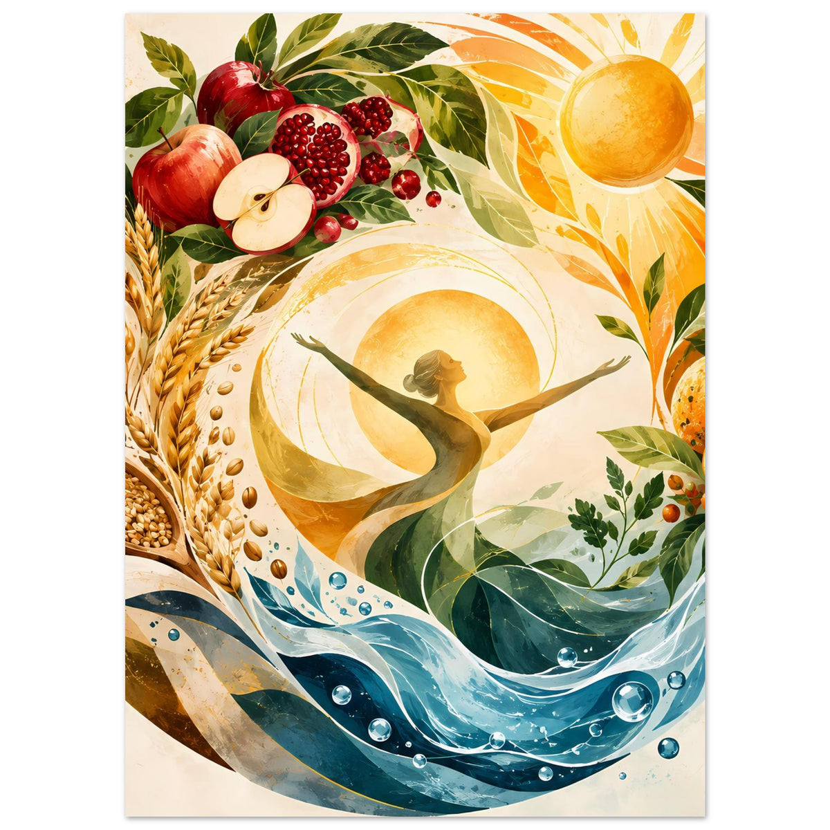 Poster mit sonniger Szene: Wellen, Frauensilhouette, Früchte und Ähren in warmen Farben