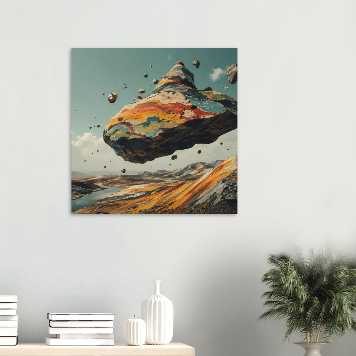 Quadratisches Poster mit schwebendem Berg in Erdtönen, umgeben von Felsbrocken