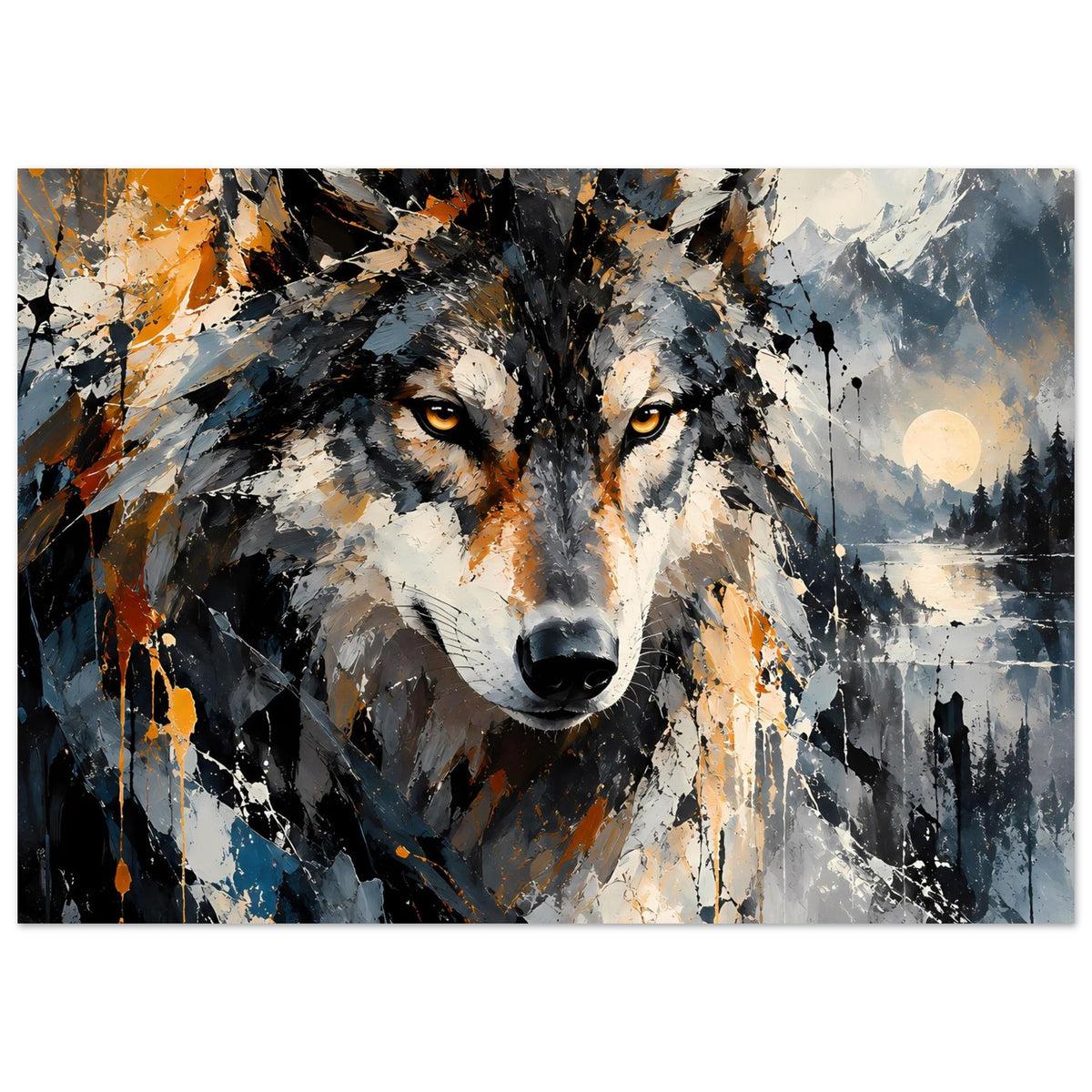 Abstraktes Wolfsposter mit zentralem Wolfsblick, schwarz-grauem Fell und orangefarbenen Spritzern