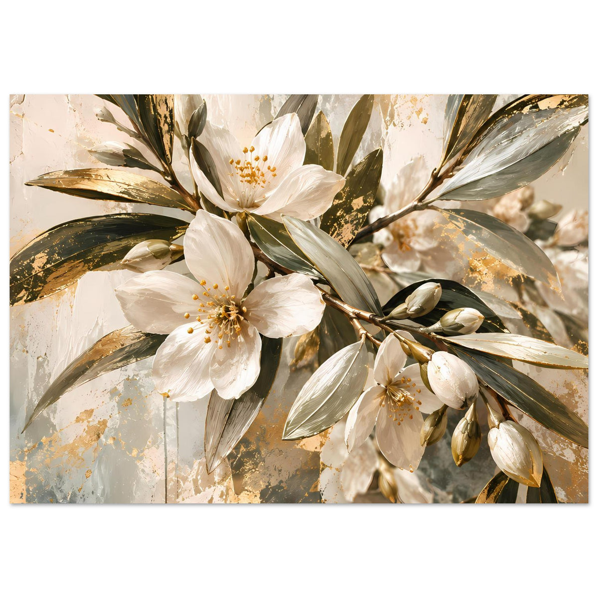 Blumenposter mit goldfarbenen Akzenten, großen weißen Blüten und grün-bronzenen Blättern.