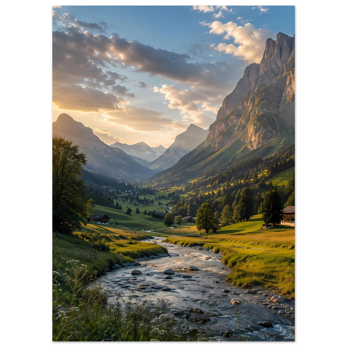 Vertikales Poster mit Alpenlandschaft bei Sonnenuntergang, Fluss, Tal und bewaldete Hänge.