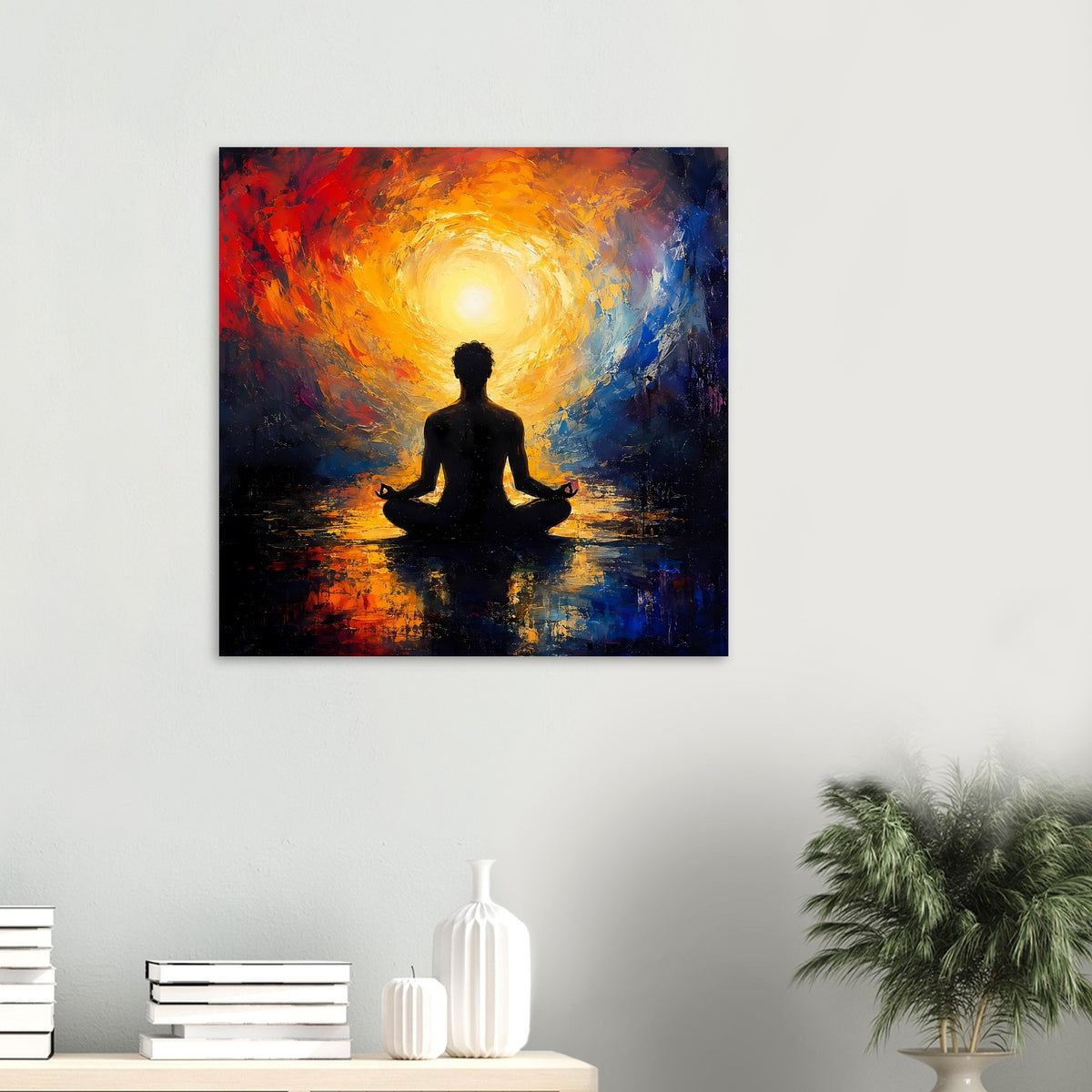 Zen-Poster im Quadratformat: leuchtender Aura-Kreis über sitzender Silhouette