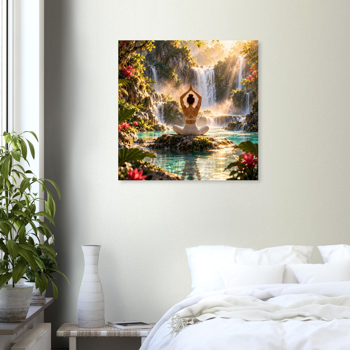 Yoga-Meditationsposter mit meditierender Figur in der Natur zwischen Wasserfall und Fluss