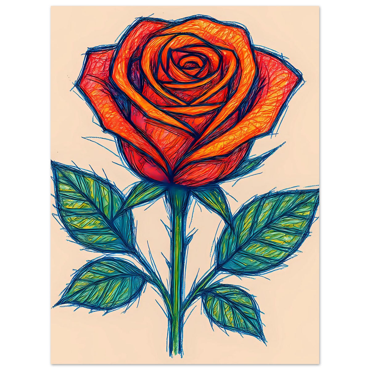 Poster mit Rosen-Skizze: rote Blüte, grüne Blätter auf beigem Papier.