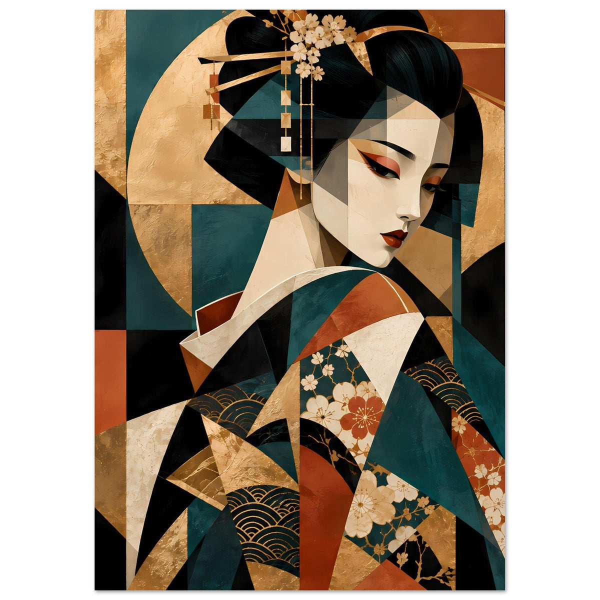 Kunstposter mit Geisha-Figur, Haarornament und Blumen, Gold-, Türkis- und Rotnuancen