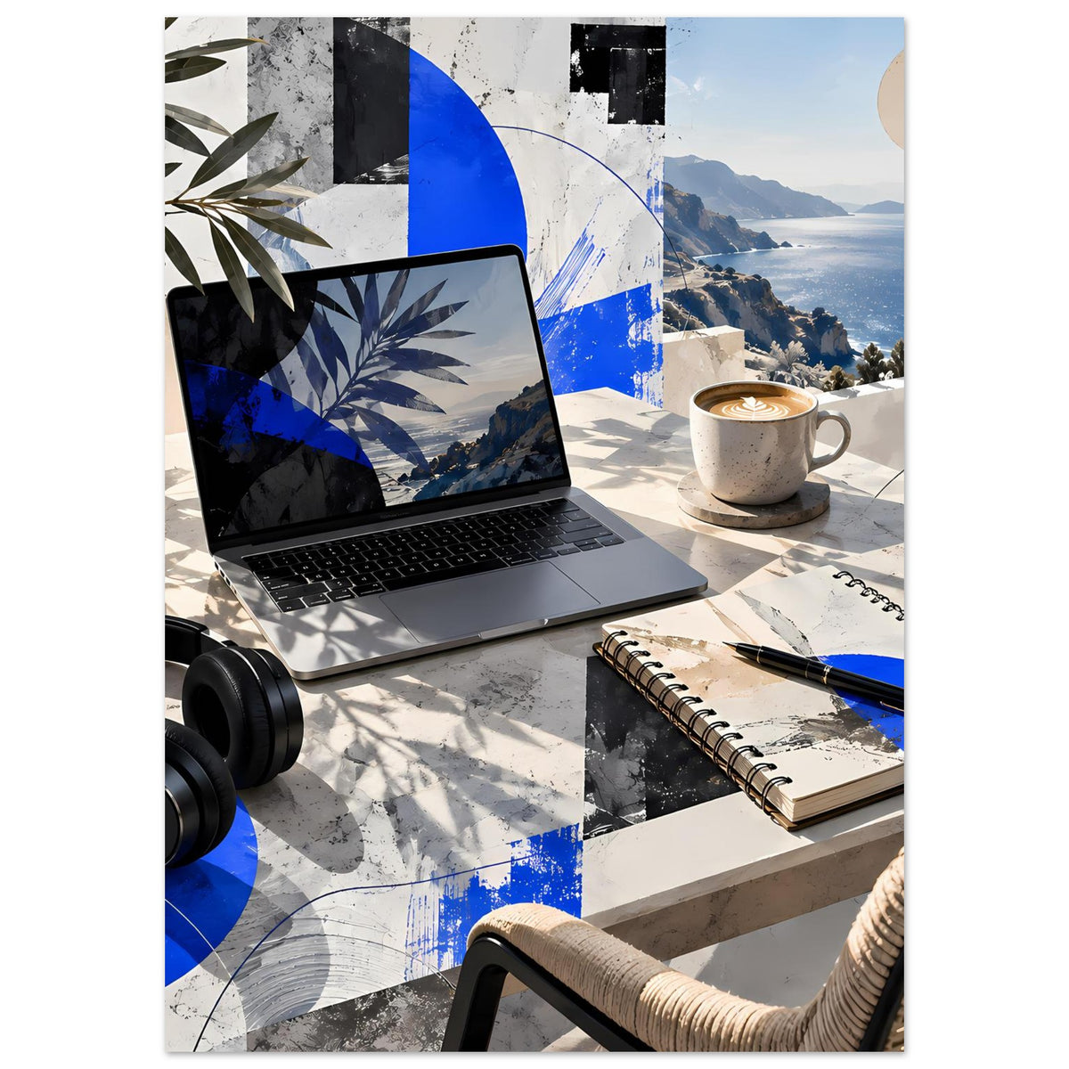Küstenposter mit blauem Abstractmotiv, Berg-Meer-Landschaft, Laptop und Tasse