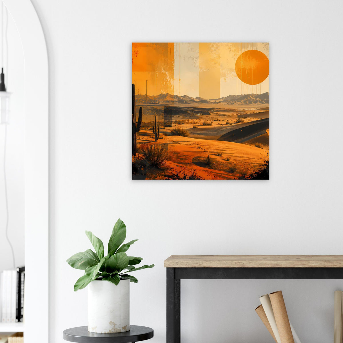 Quadratisches Retro-Wüstenposter mit orangefarbener Sonne, Sanddünen und Kakteen