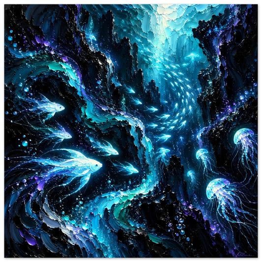 Leuchtendes Meeresleben-Poster: tiefblaue Unterwasserwelt mit Fischen, Quallen und Blasen