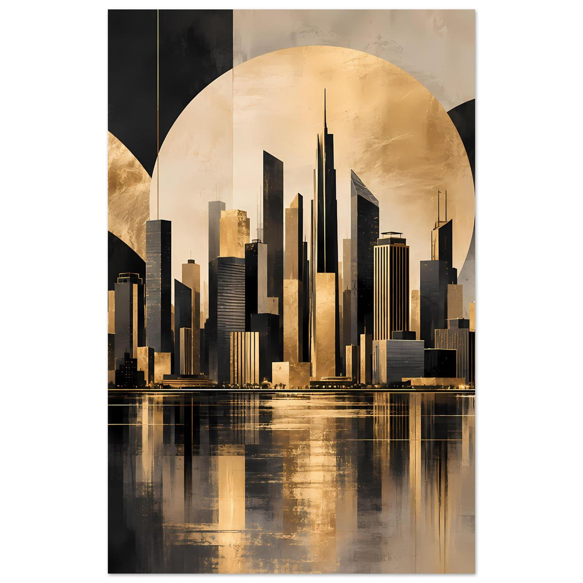 Stadtposter mit gold-schwarzer Skyline und Spiegelung im Wasser, rundes Kreis-Motiv im Himmel