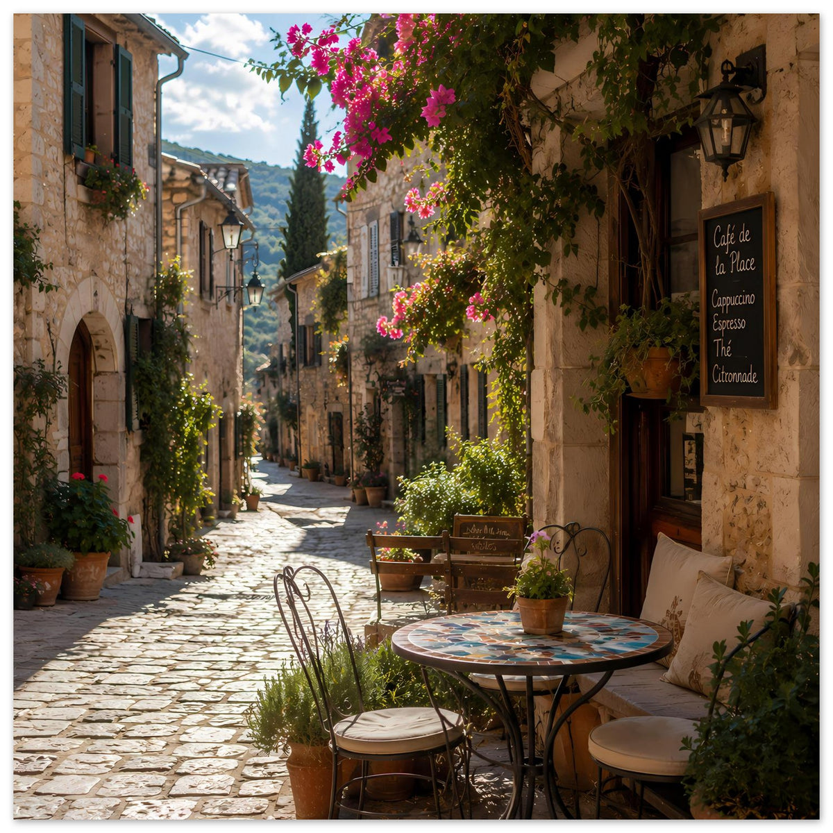 Poster einer sonnigen Altstadtgasse mit Café, Blumen und Kopfsteinpflaster
