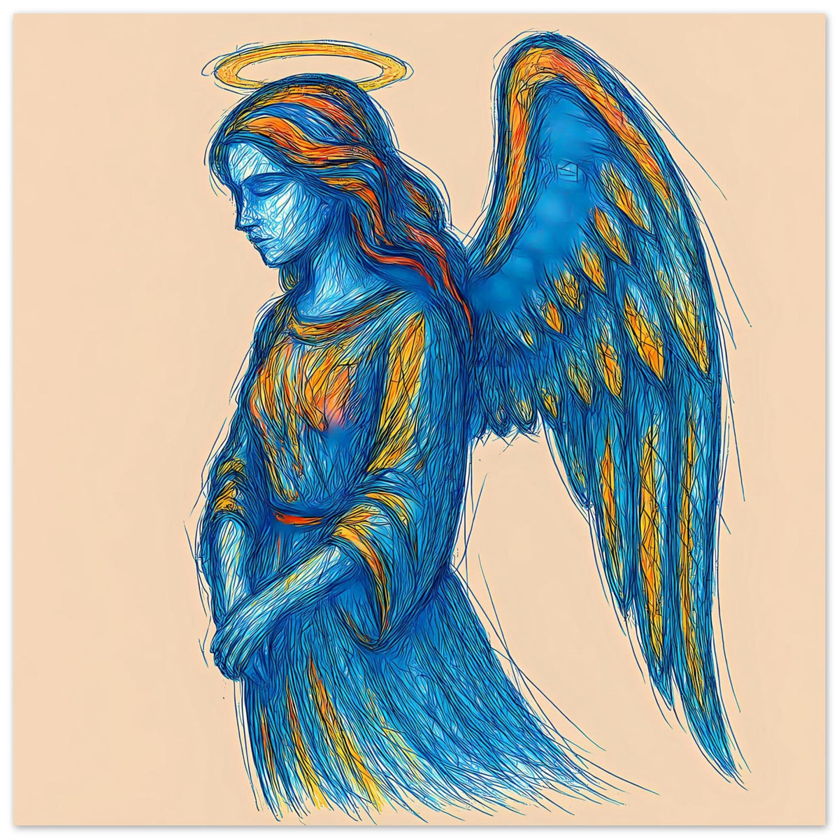 Engelsmotiv-Poster: blauer geflügelter Engel mit goldenem Heiligenschein, vollständige Figur