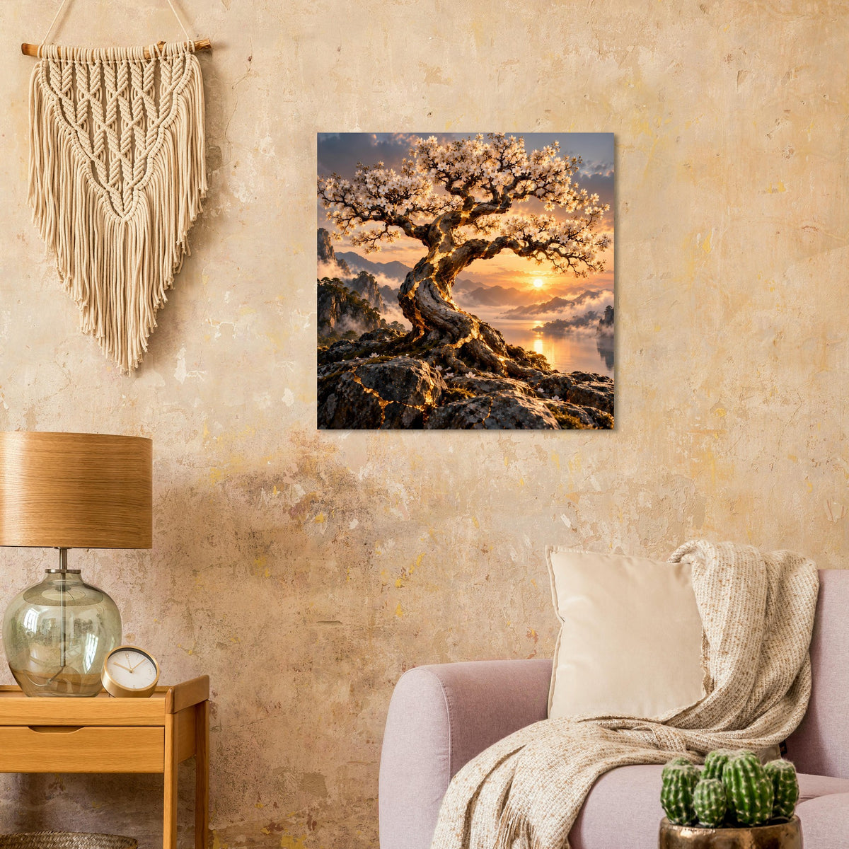 Quadratisches Poster mit blühendem Baum auf Felsgrund und warmem Abendhimmel