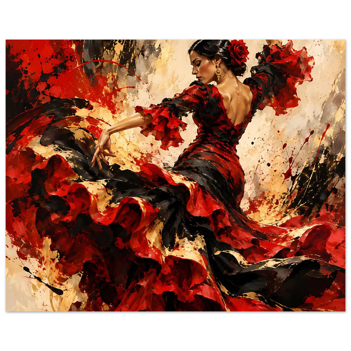Poster mit Flamenco-Tänzerin in Rot und Schwarz, ganzer Auftritt mit wehender Schleppe