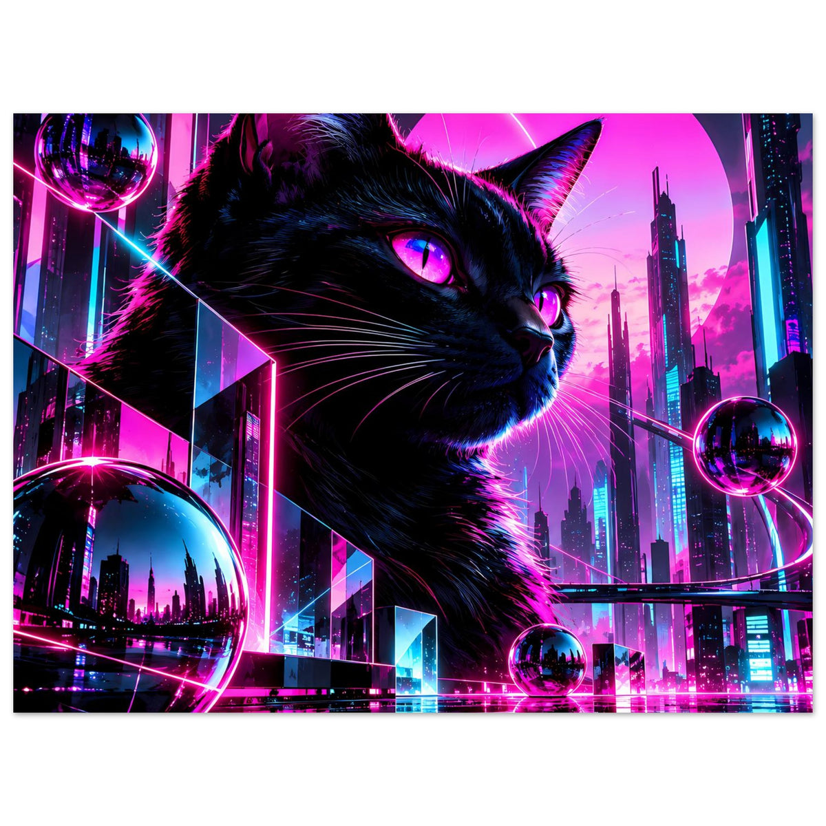 Neonkatzen-Poster mit schwarzem Kater, pink-blauen Neonbalken und gläsernen Kugeln