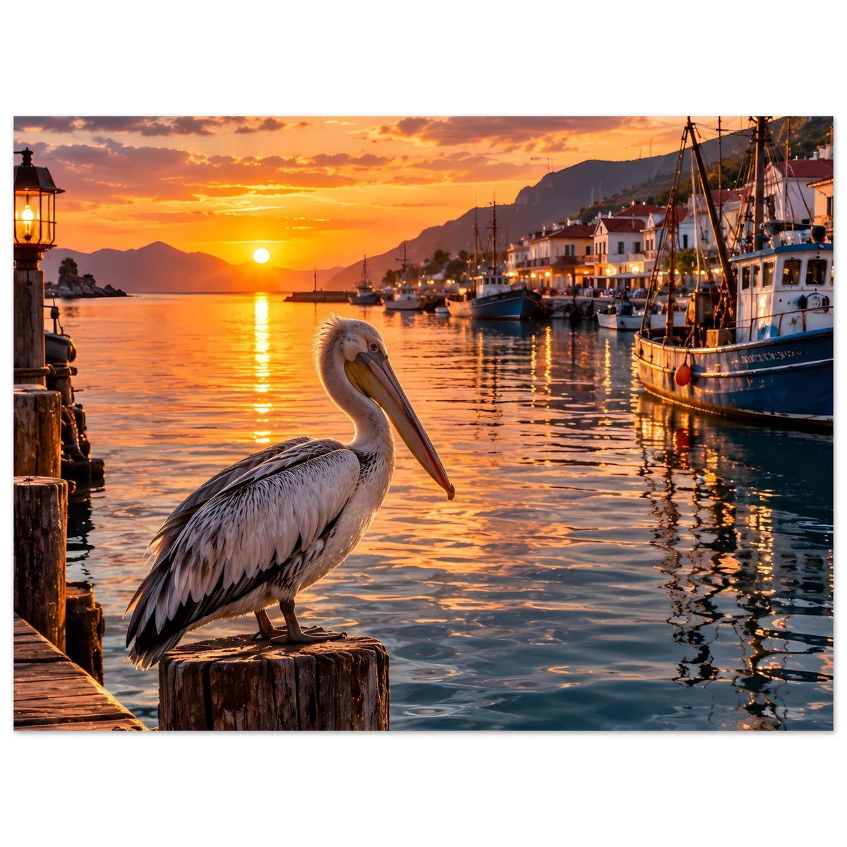 Poster: Pelikan am Kai auf Holzpfahl, Abendsonne über dem Hafenbecken