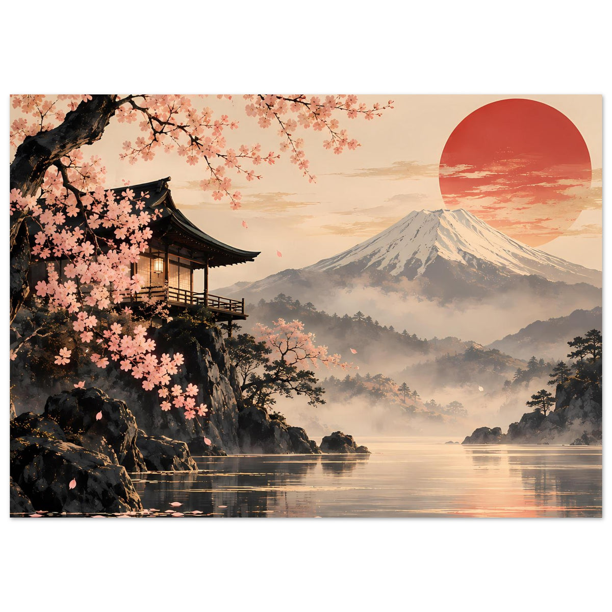 Wandposter im Querformat mit Kirschblüten, Tempel und Berg Fuji vor roter Sonne