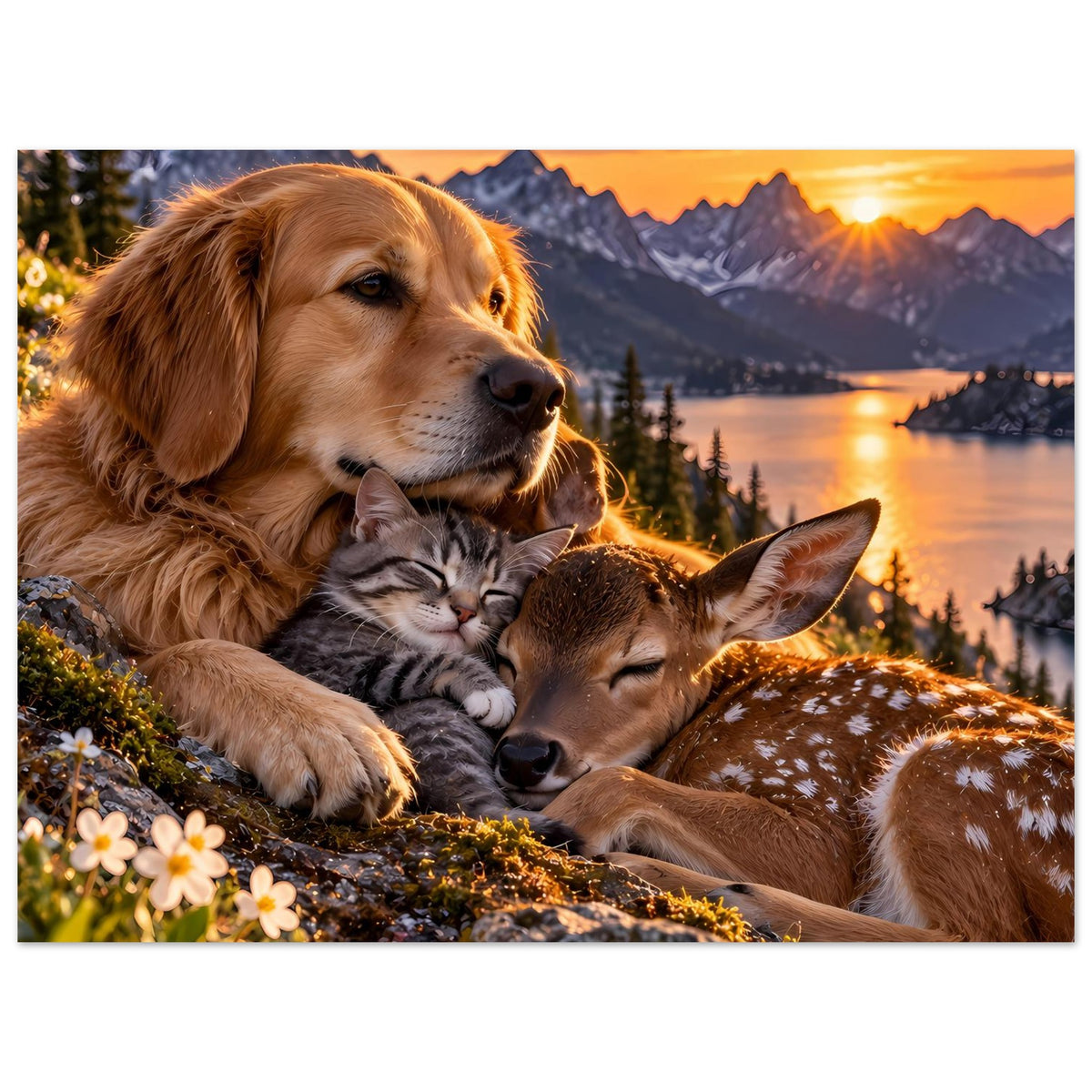 Querformat-Poster mit Hund, schlafender Katze und Reh; Berge und See bei Sonnenuntergang