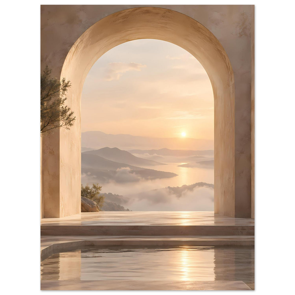 Poster mit Sonnenuntergang hinter Rundbogen, Berge, Nebel und spiegelndem Wasser