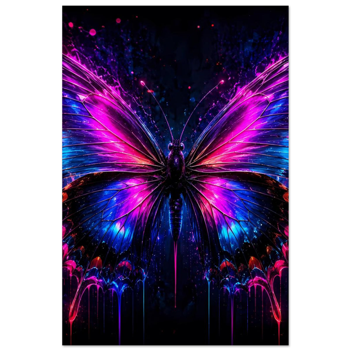 Neon-Schmetterlingsposter im Hochformat, zentrierter Schmetterling mit knalligen Pink-Blau-Flügeln