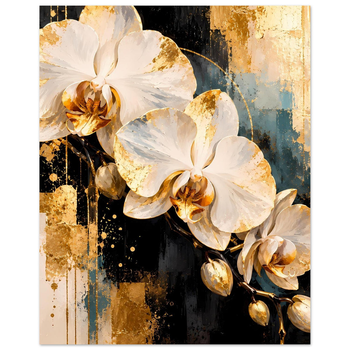 Poster mit weißen Orchideenblüten und goldenen Akzenten, Blütenzweig mit goldenen Kugeln