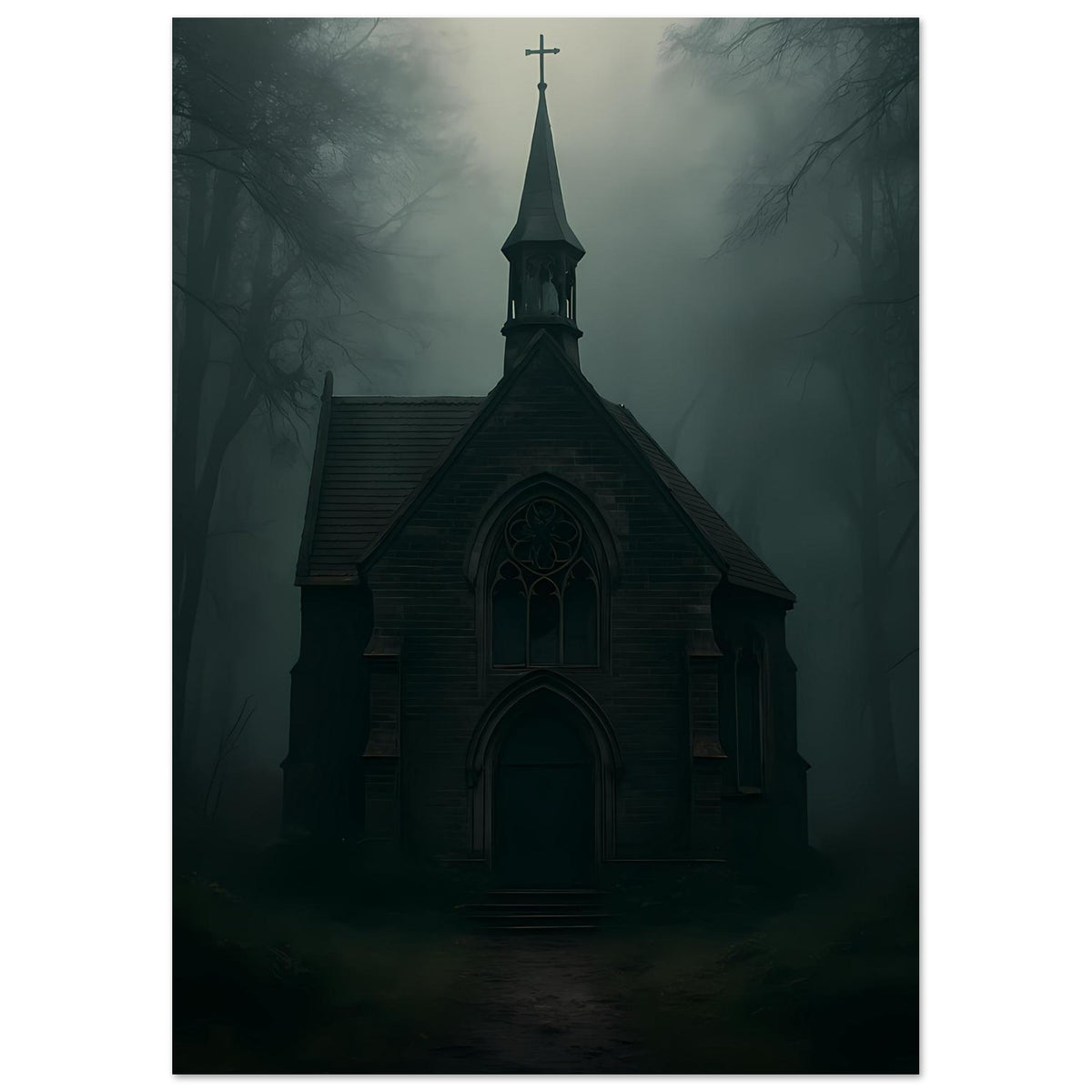 Poster mit Kapelle im Nebel-Look: Turmkreuz, gotische Fensterfront und Eingang