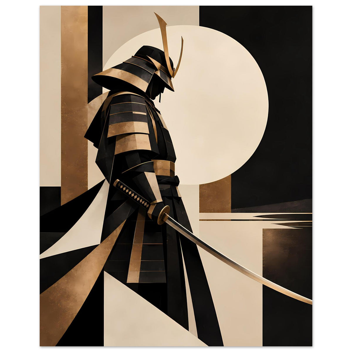 Kunstposter mit Samurai-Silhouette, gold-schwarzen Streifen und großem Kreis im Hintergrund