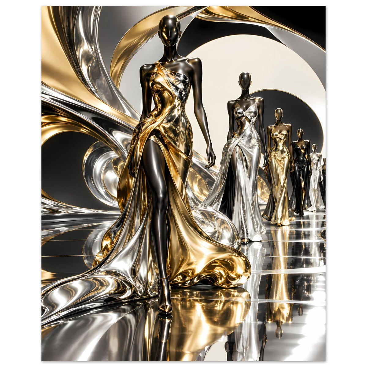 Poster mit gold-silbernen Figuren, zentrale überlappende Statue und Reihe kleiner Skulpturen