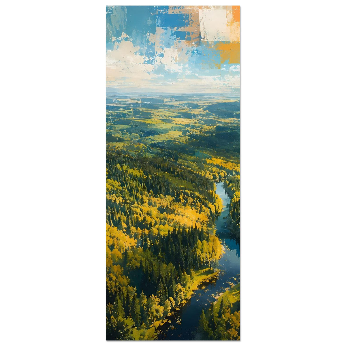 Herbstwald-Poster mit Fluss, senkrechte Ausrichtung, gerahmt