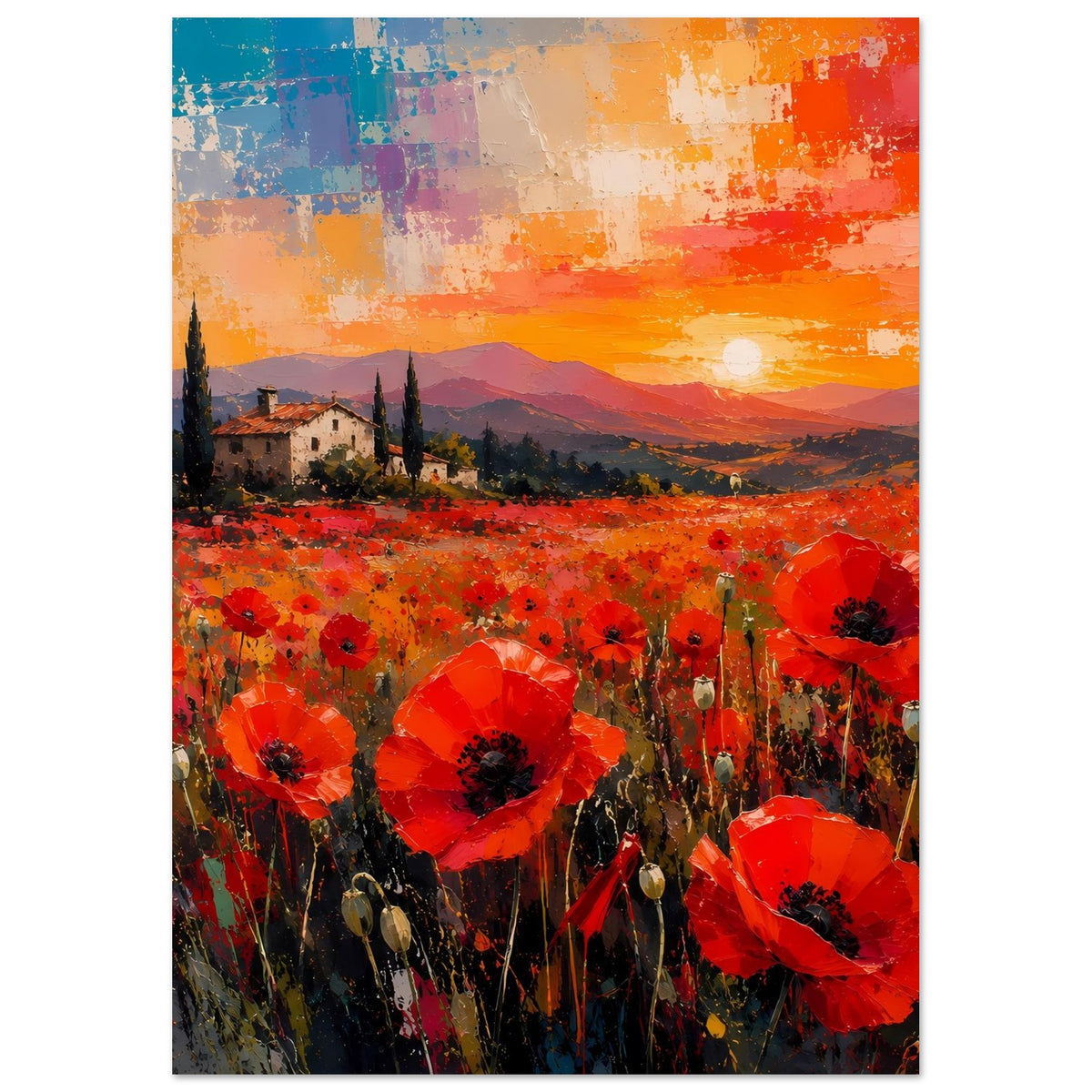 Poster mit rotem Mohnblumenfeld, lila Berge im Hintergrund und leuchtender Abendsonne