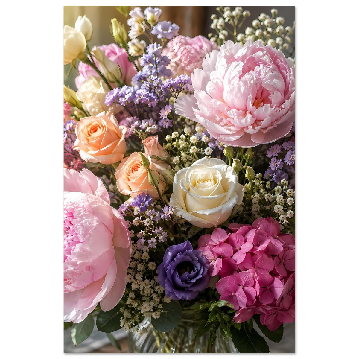 Blumenstrauß-Poster mit Pfingstrosen, Rosen und Lavendelblüten in Pastellfarben