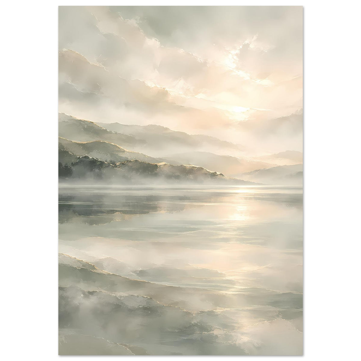 Wandposter mit Landschaft: Weitblick über den See mit spiegelnder Lichtbahn, Dunstschichten, Rand
