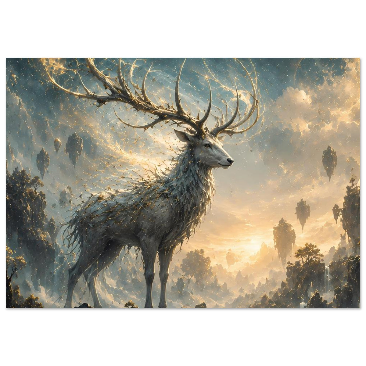 Fantasy-Hirsch Poster im Querformat mit Hirsch im Vordergrund und Dämmerungswolken