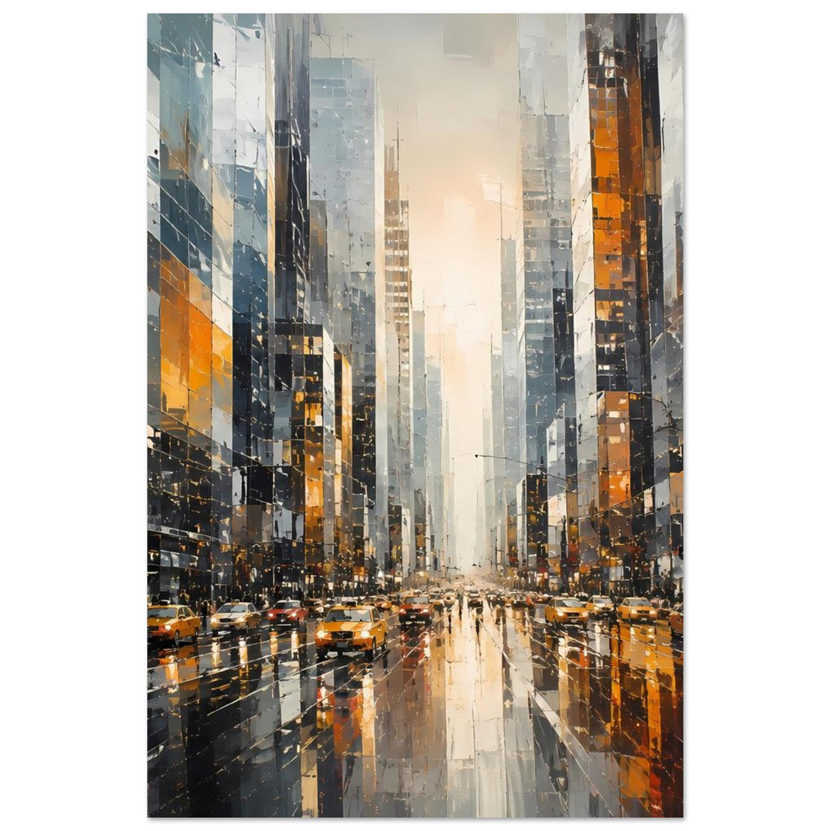 Stadtstraßen-Poster mit gelben Taxis, nasser Straße und hohen Hochhäusern im Dämmerlicht