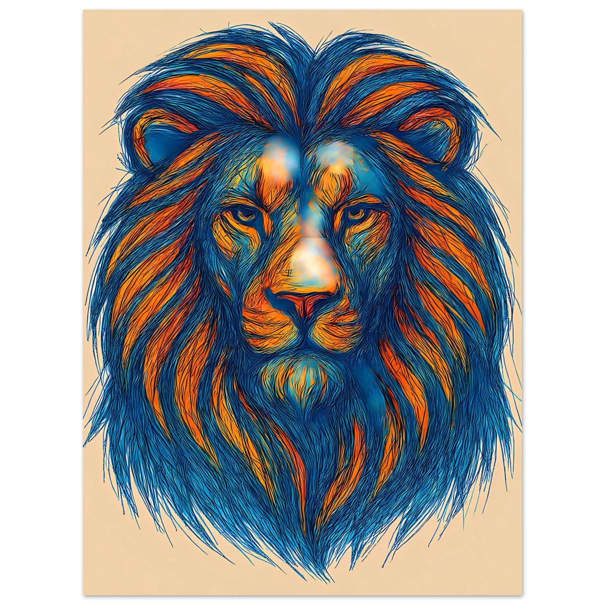 Löwen-Poster im Pop-Art-Stil mit blauem Gesicht und orangefarbenen Mähnensträhnen
