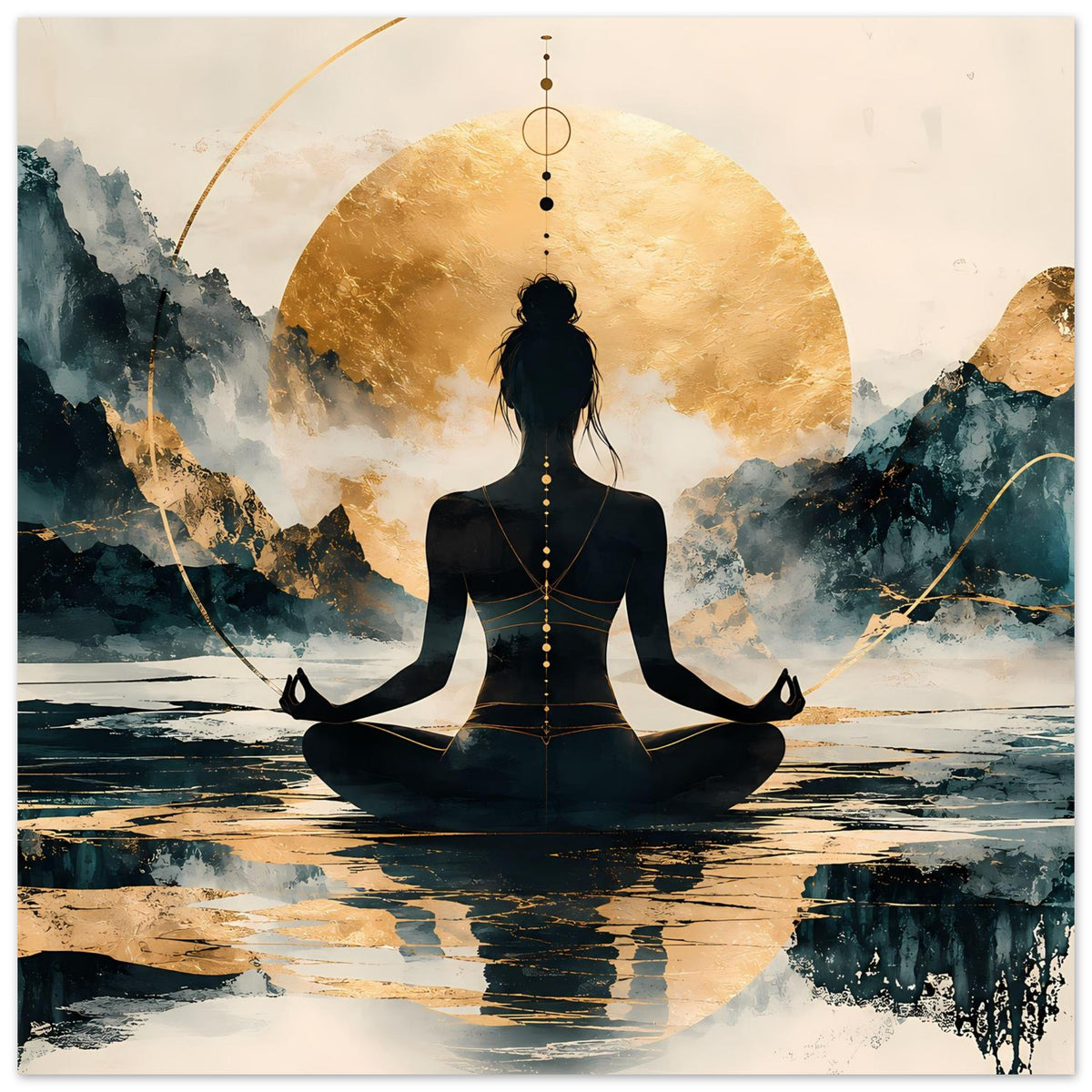 Meditatives Poster im Hochformat: goldene Rundung über dem Meditationssitz, schwarze Figur