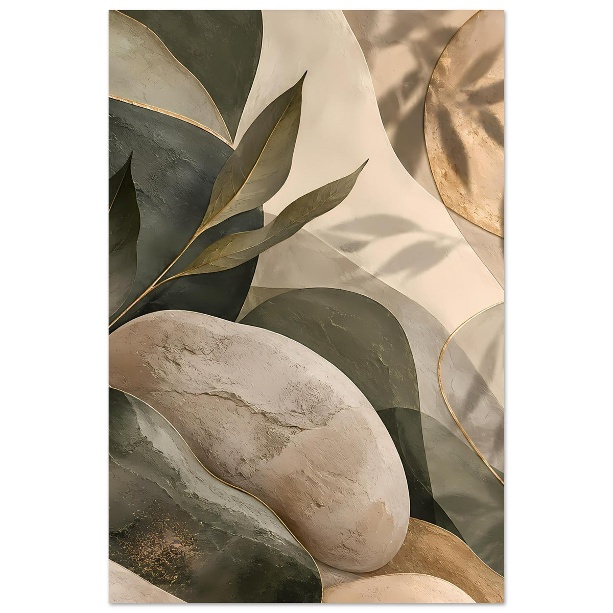 Abstraktes Poster (Hochformat) mit Blättern und Steinformen in Grün/Beige mit Goldlinien