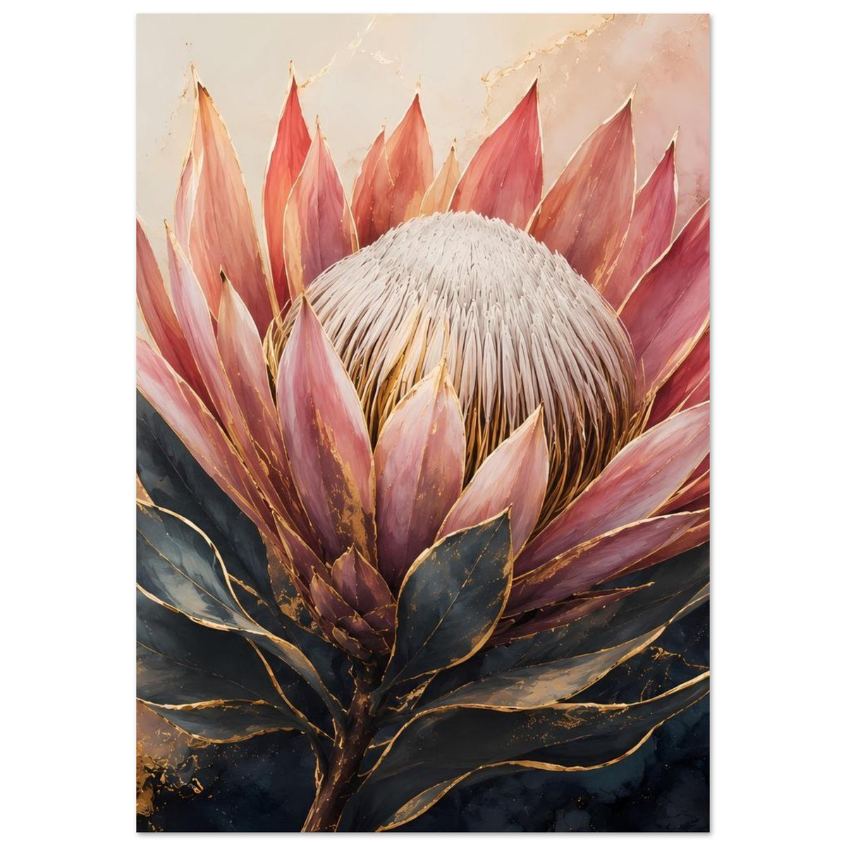 Botanisches Poster mit Königsprotea in Altrosa und Gold, ganzer Blütenstand im Quadratformat