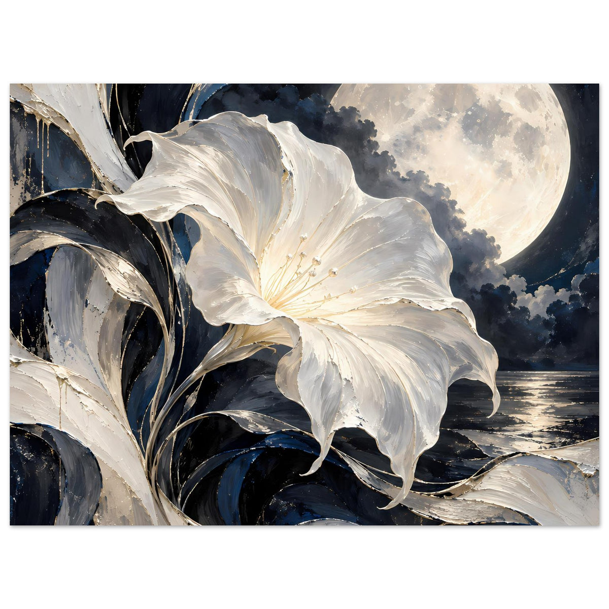 Blumenposter: große weiße Blüte, Mondsichel, dunkle Wolken und Wasserreflexe