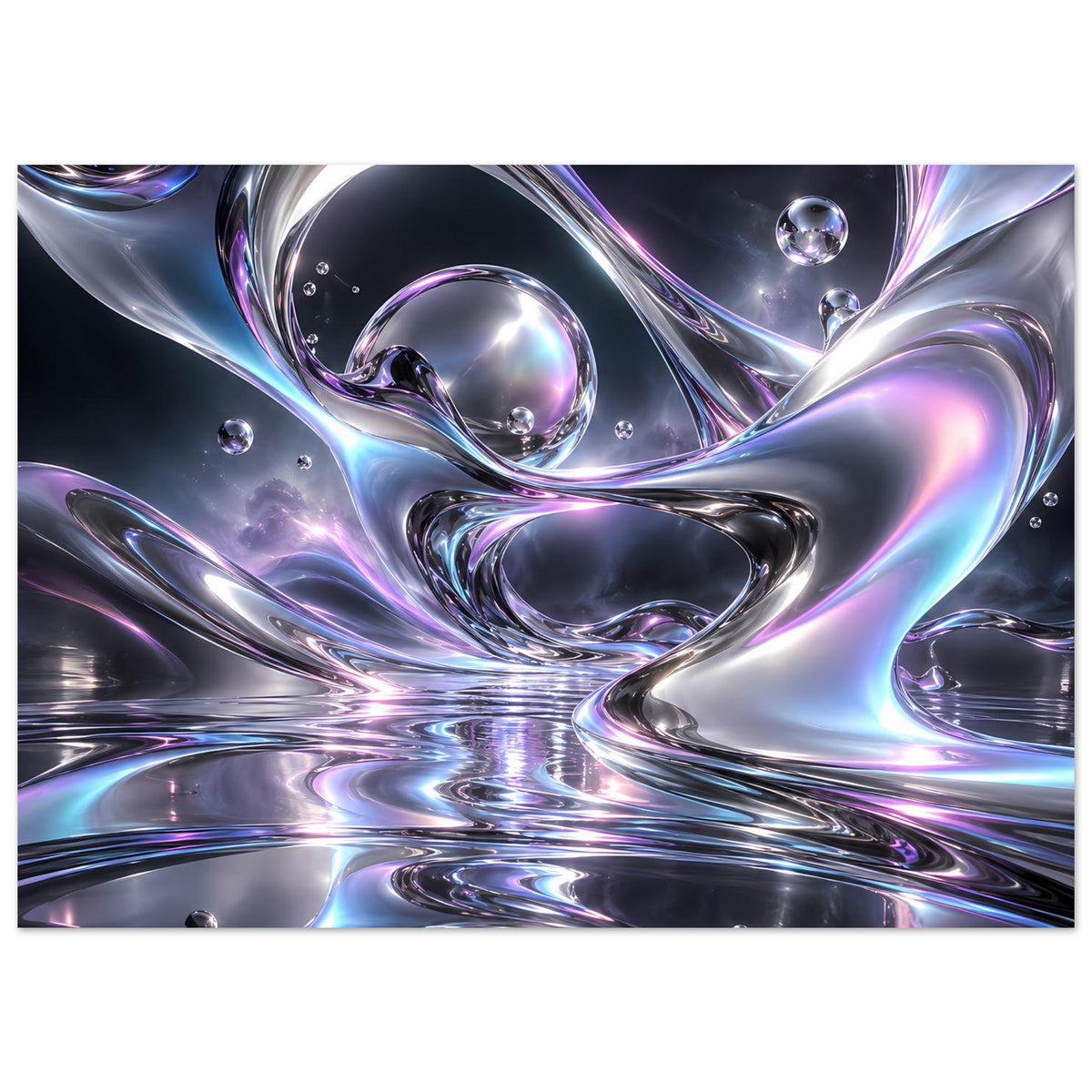 Chrom-Liquid-Poster (Querformat) mit gebogenen Metallwellen und mehreren Glaskugeln